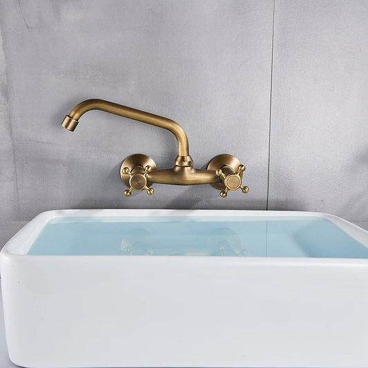Artfan Antique Brass Dual Handle Wall Mount Kitchen Faucet