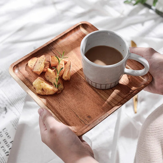 Artfan Acacia Wood Breakfast Tray - Rectangular Fruit Plate with Wooden Cutlery