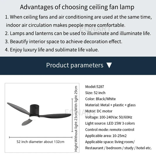 Artfan 52" Black DC Ceiling Fan, Remote Control, No Light