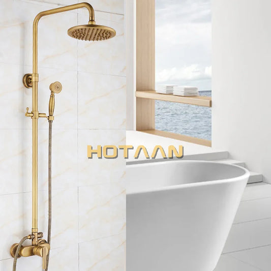 Artfan Antique Brass Shower Faucet Set with Rainfall Mixer Valve, 8" Head, Hand Shower