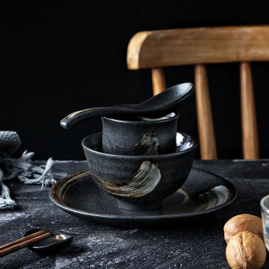 Artfan lighting Black Ceramic Sushi Plate and Rice Bowl Set