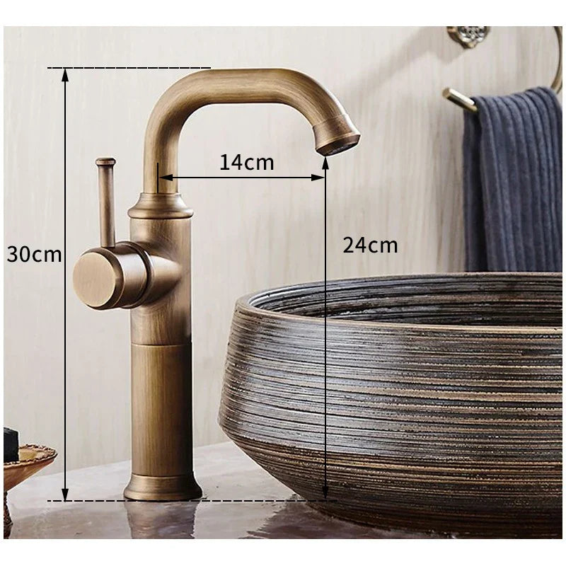 Artfan Antique Brass Bathroom Faucet Single Handle Deck Mount Hot Cold Mixer
