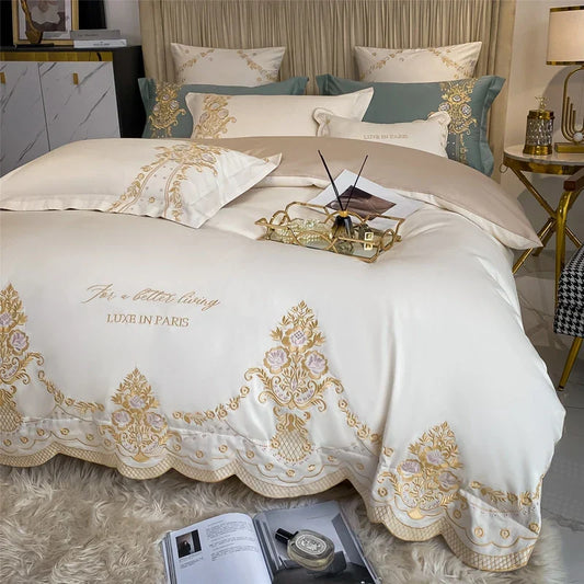 Artfan 1000TC Egyptian Cotton Gold Embroidery 4Pcs Bedding Set - Luxe Chic Collection