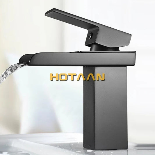 Artfan lighting Black Plated Brass Waterfall Bathroom Basin Faucet Mixer Square Vanity Sink