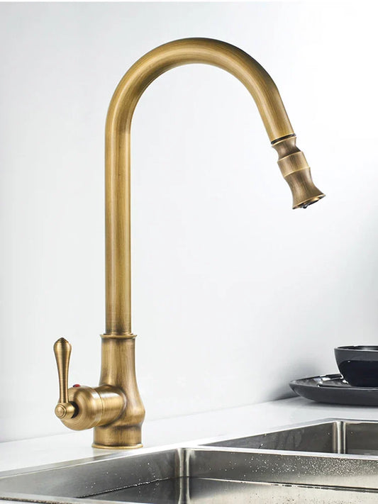 Artfan Antique Brass Kitchen Faucet Swivel Spout Pull Down Hot Cold Mixer