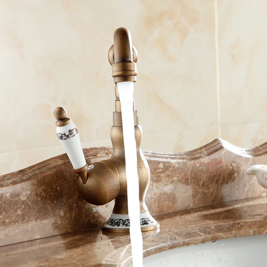 Artfan Antique Brass Bathroom Sink Faucet Single Handle Swivel Spout Hot Cold Mixer