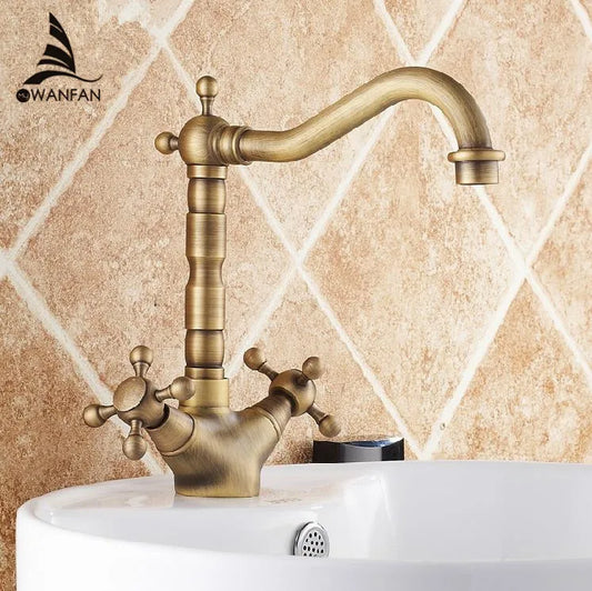 Artfan Antique Bronze Brass Swivel Basin Faucet with 2 Lever Handles