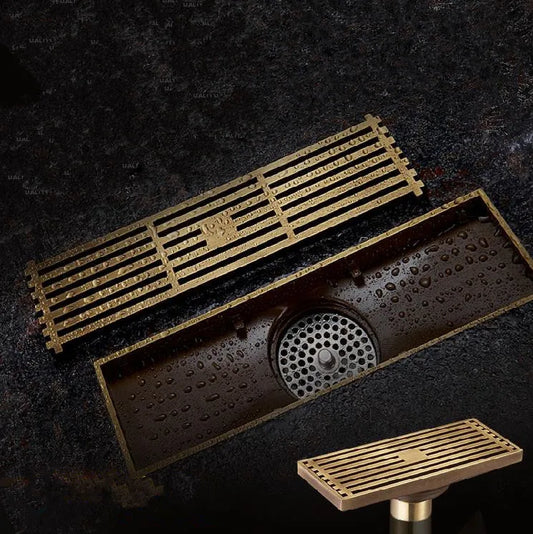 Artfan Antique Brass Linear Shower Floor Drain with Art Carved Cover