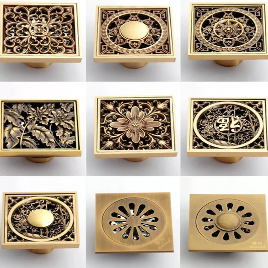 Artfan Antique Brass Shower Floor Drain 10cm Square Waste Strainer Cover Grate
