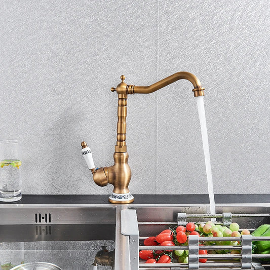 Artfan Antique Brass Ceramic Handle Basin Faucet, Deck Mounted Kitchen Sink Mixer Tap