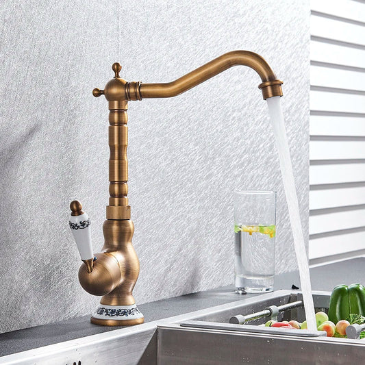 Artfan Antique Brass Single Handle Kitchen Sink Faucet Hot & Cold Water Mixer