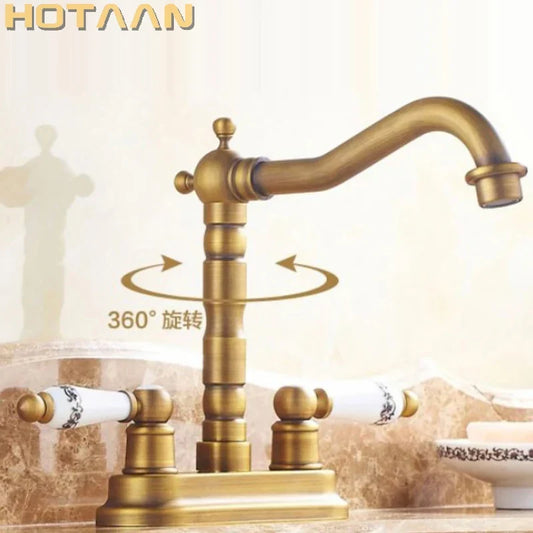 Artfan Antique Brass Dual Hole Basin Faucet Mixer Tap for Bathroom Sink