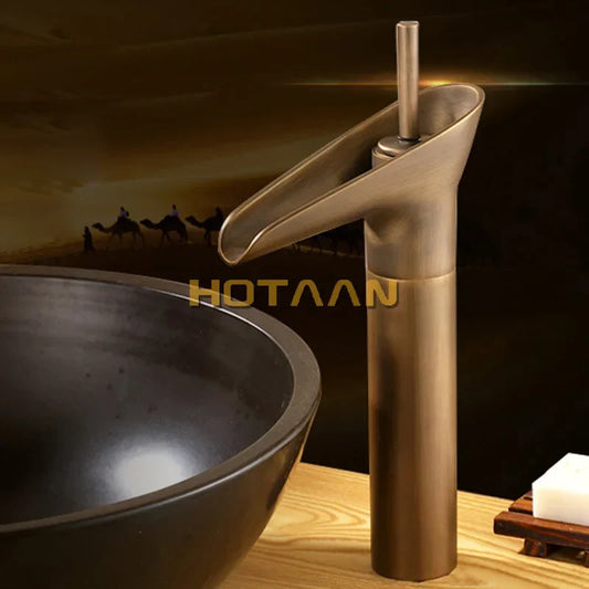 Artfan Antique Brass Waterfall Basin Faucet Mixer Tap for Bathroom Sink