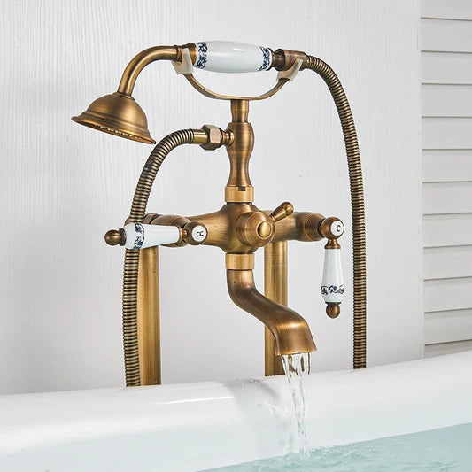 Artfan Antique Brass Freestanding Bathtub Filler with Hand Shower