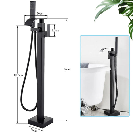 Artfan Matte Black Waterfall Bathtub Shower Faucet, Floor Standing Hot Cold Mixer Tap
