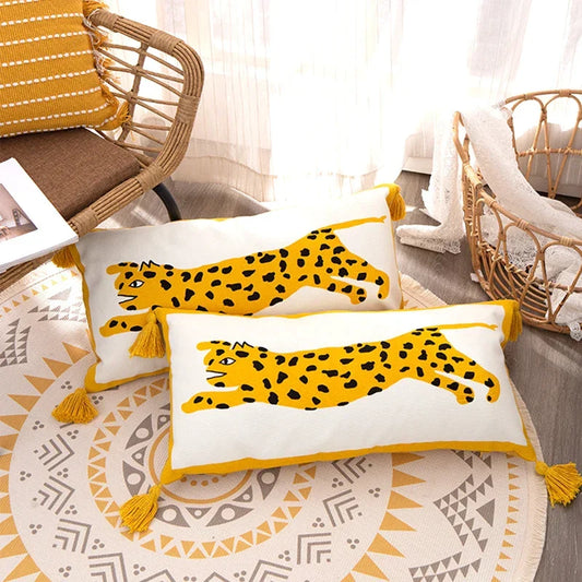 Artfan Antique Brown Tiger Print Ethnic Style Pillow Cover with Tassels
