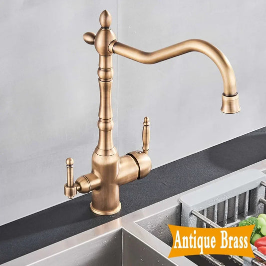 Artfan Antique Brass Dual Spout Kitchen Filter Faucet - Hot Cold Mixer Taps