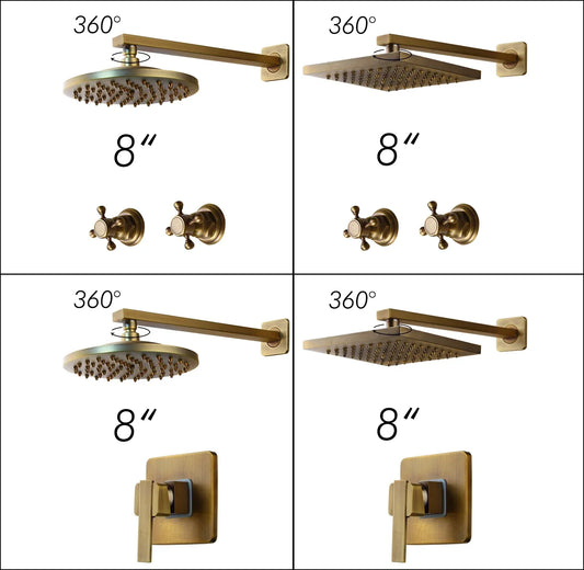 Artfan Antique Brass Round Wall Mounted Rainfall Shower Faucet Set with 2 Handles