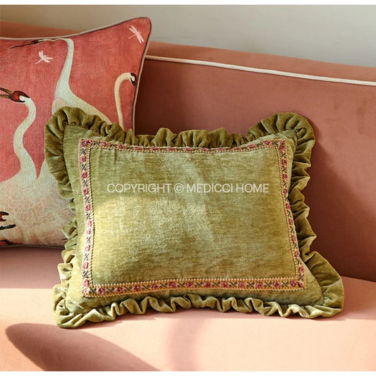 Artfan Luxe Chenille Ruffled Green Lumbar Pillow Cover 35x45