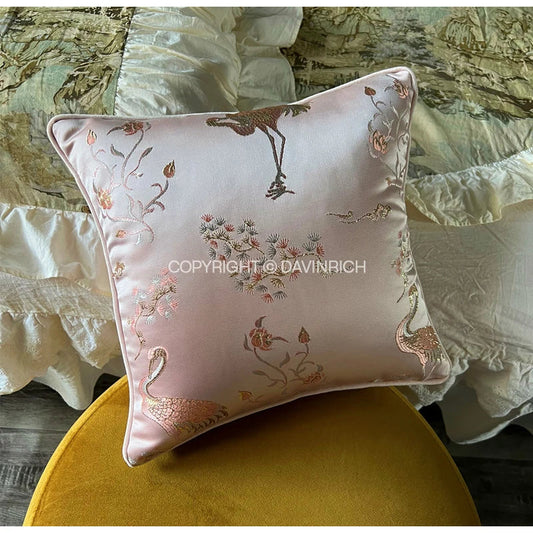 Artfan Antique Crane Floral Jacquard Luxury Lumbar Pillow Case Square Gold Stitch