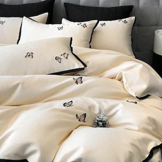 Artfan 600TC Egyptian Cotton Butterfly Embroidery Bedding Set: Duvet, Sheet, Pillowcases