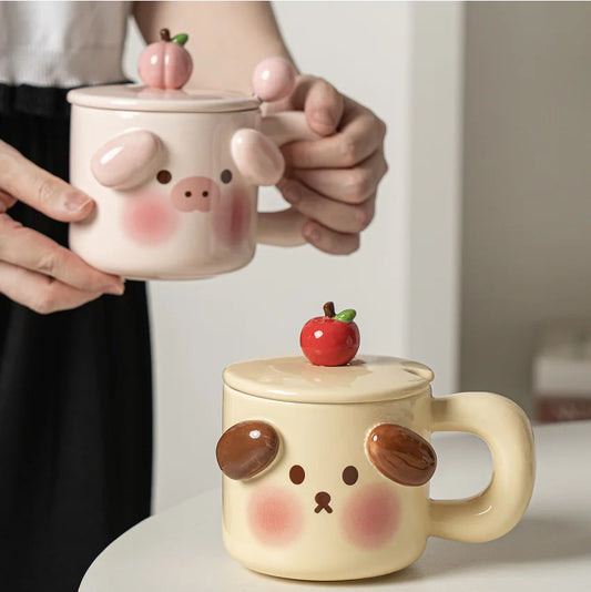 Artfan Animal Ceramic Mug Set: Pig Dog Design, Lid, Spoon, Saucer - Breakfast Coffee Cup