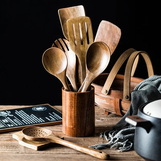 Artfan 9-Piece Wooden Cooking Utensils Set with Holder - Teak Kitchen Tools