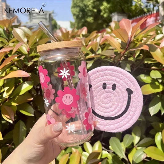 Artfan 470ML Pink Smiling Flower Theme Beverage Glass - Set of 1/2/4