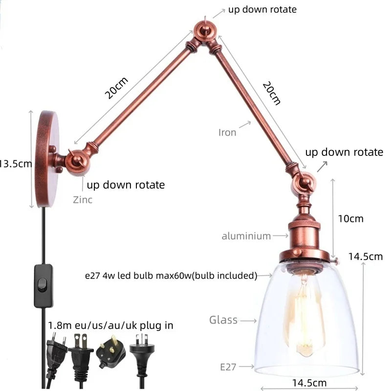 Artfan Adjustable Glass Swing Arm LED Wall Sconce with Pull Chain Switch