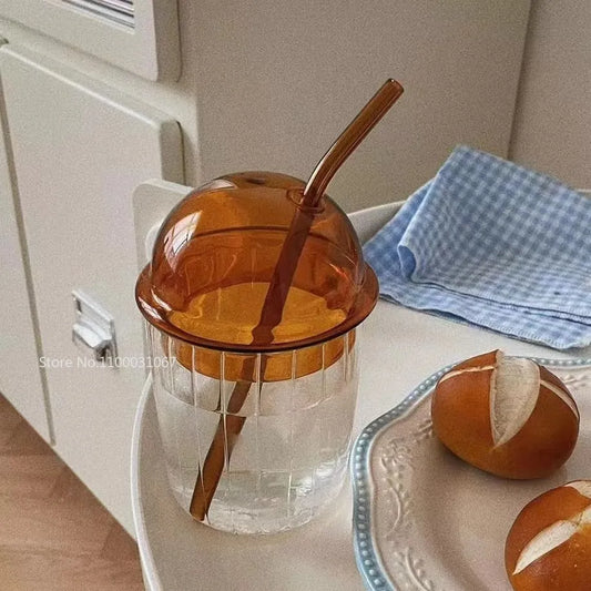 Artfan 450ml Striped Glass Cup with Lid and Straw, Ideal for Coffee, Juice, Milk, or Tea