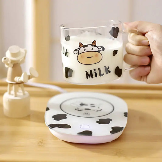 Artfan 13.5oz Cow Pattern Glass Mug with Spoon Lid for Student Dormitory