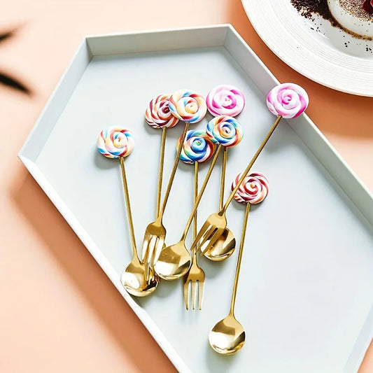 Artfan 4PCS Stainless Steel Creative Candy Donut Dessert Fork and Coffee Spoon Set