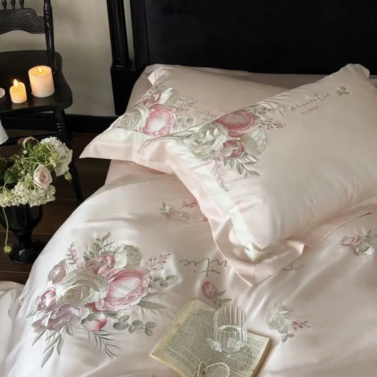 Artfan 4-Pc Flowers Embroidery Bedding Set 1000TC Egyptian Cotton Duvet Cover Sheets