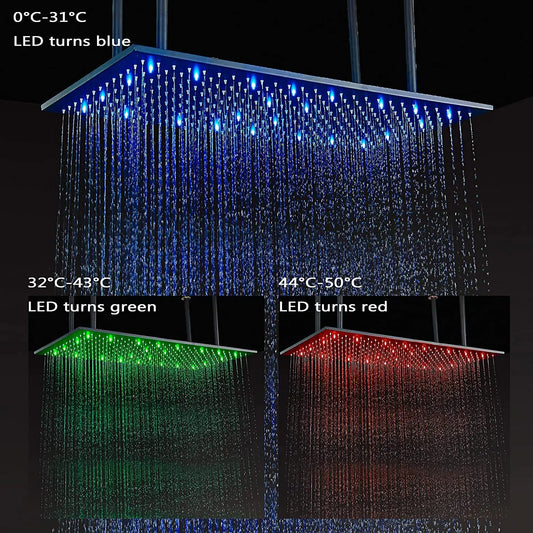 Artfan 16"x32" LED Rainfall Shower Head - Color Changing Luxury Square Design