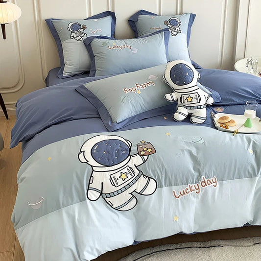 Artfan Astronaut Cartoon Embroidery Boys Bedding Set, 100% Cotton, Single Duvet Cover, Bed Sheet, Pillowcases