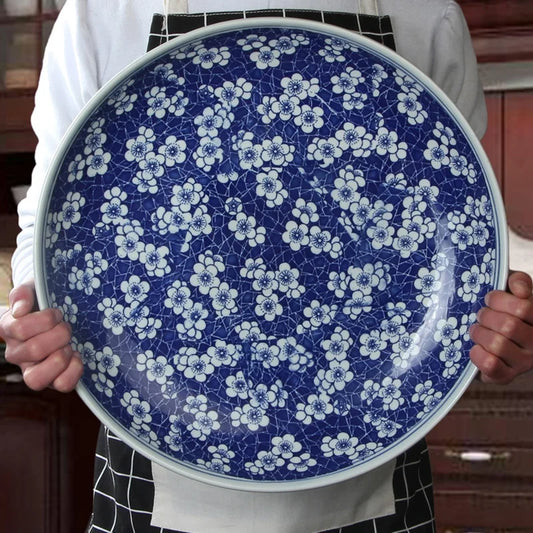 Artfan lighting Blue and White Porcelain Serving Plate - Elegant Chinese Tableware for Spaghetti, Roast Turkey, and More