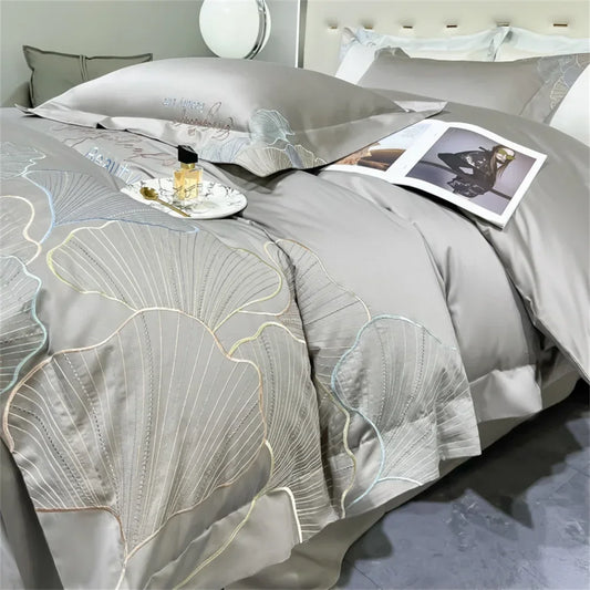 Artfan 1200TC Embroidery Egyptian Cotton Bedding Set 4pcs King Queen Solid Sheet Duvet Cover