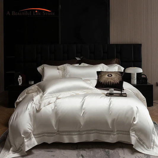 Artfan 1000TC Egyptian Cotton Luxury Satin Bedding Set with Wide Hollow Edge