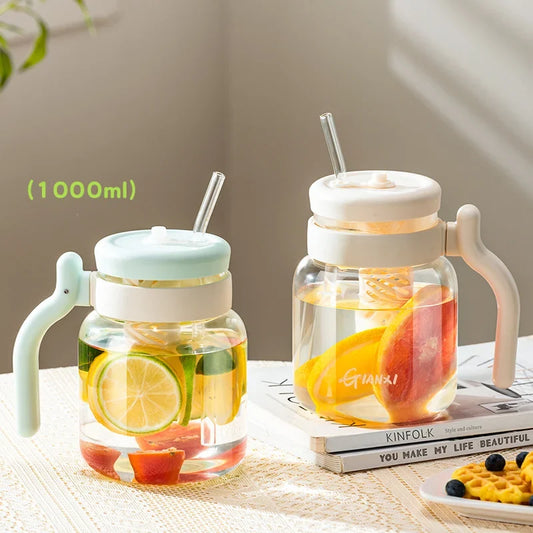 Artfan 1000ML Glass Tumbler with Lid, Straw & Handle - Transparent Coffee Cup Water Bottle