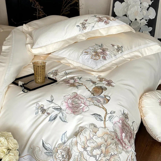 Artfan 5-Piece Chinese Flowers Bird Embroidery Bedding Set, 1000TC Egyptian Cotton, Queen King