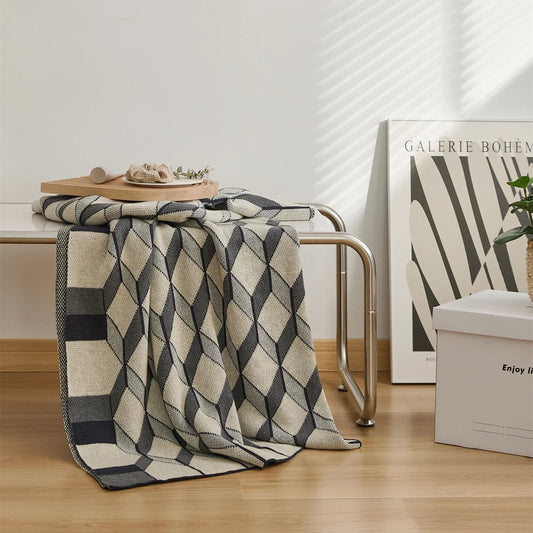Artfan 3D Cube Cotton Knitted Plaid Blanket - Soft and Cozy Nordic Bedspread