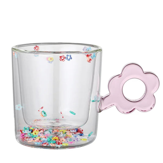 Artfan 250ml Double Wall Glass Mug with Glitter Flowers and Flower Handle