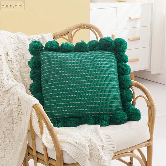 Artfan Ball Cushion Cover Vintage Yellow Pompom Ivory Pink Green Max 43cm Zip Home Sofa Decor