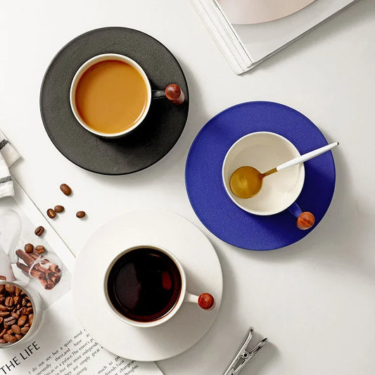 Artfan 130ml Blue Ceramic Retro Coffee Cup with Saucer, Wooden Handle
