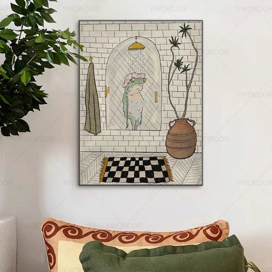 Cute Bathing Frog - Cartoon Animal Canvas Wall Art