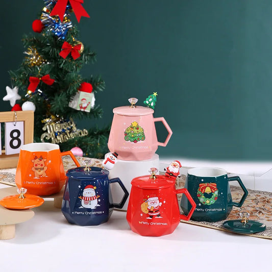 Artfan Christmas Ceramic Mug Set with Lid, Spoon - Festive Santa Claus & Elk Design