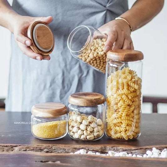 Artfan Acacia Wood Lid Glass Food Storage Container - Elegant and Functional Kitchen Jar