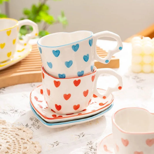 Artfan 250ml Coffee Cup and Saucer Set with Heart Handle Hand-painted Pink Hearts