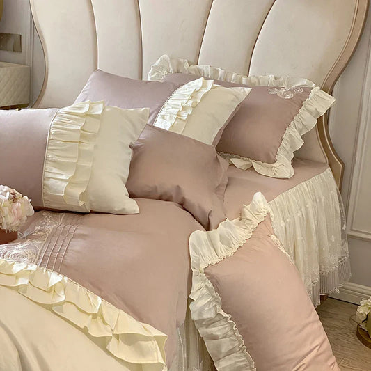 Artfan 1000TC Egyptian Cotton Flowers Embroidery Bedding Set with Vintage French Ruffles.