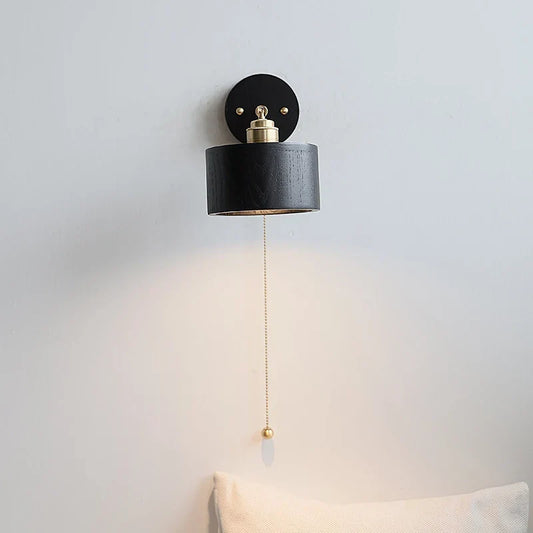 Artfan lighting Black Wood LED Wall Light with Pull Chain Switch, Rotating Japanese Style Bedside Lamp
